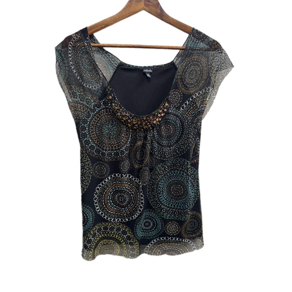 Rafaella Blouse Women Medium Black Multi Sequin Mandala Mesh Top Excellent